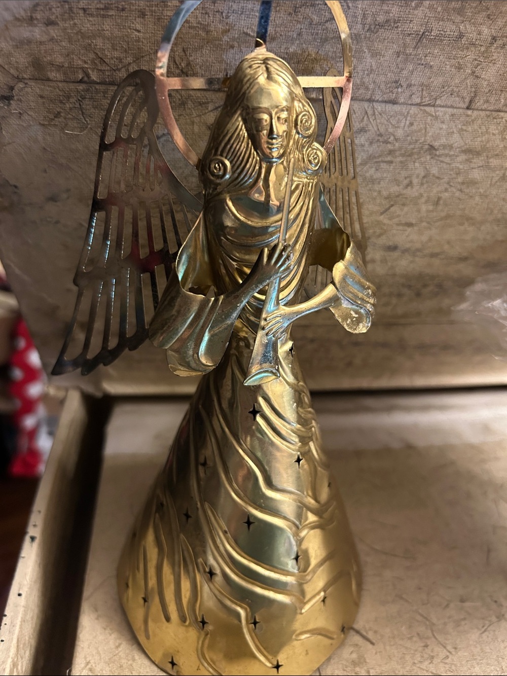 Gold -tone light weight metal , brass-like Angel Tree topper By Gallery Original